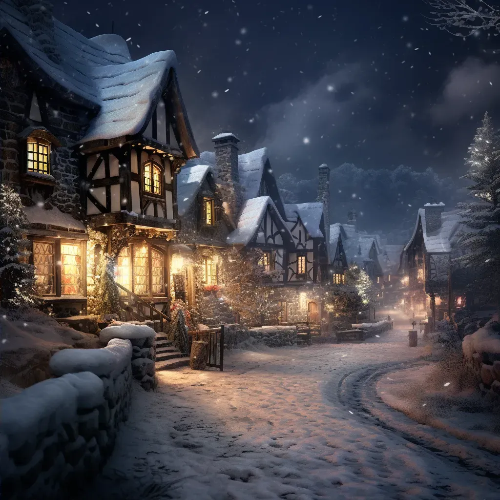 Snow-covered village at night with falling snowflakes - Image 2