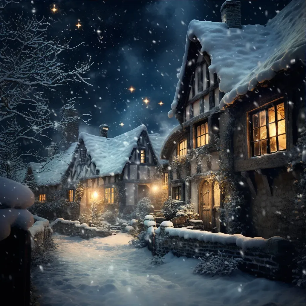 Snow-covered village at night with falling snowflakes - Image 3