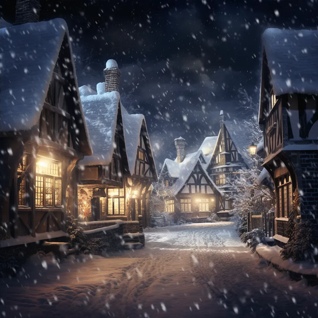 Snow-covered village at night with falling snowflakes - Image 4