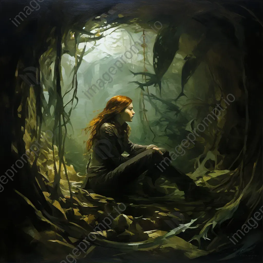 Pensive mermaid on a shipwreck under a kelp canopy with dramatic lighting - Image 1