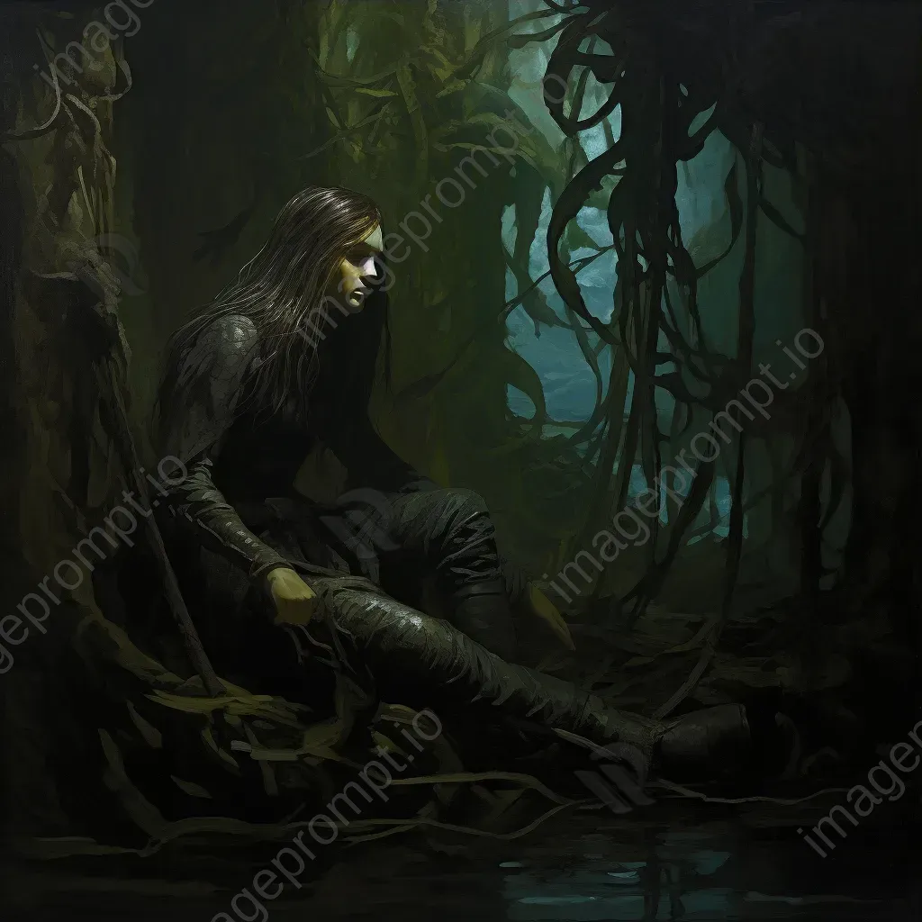 Pensive mermaid on a shipwreck under a kelp canopy with dramatic lighting - Image 3