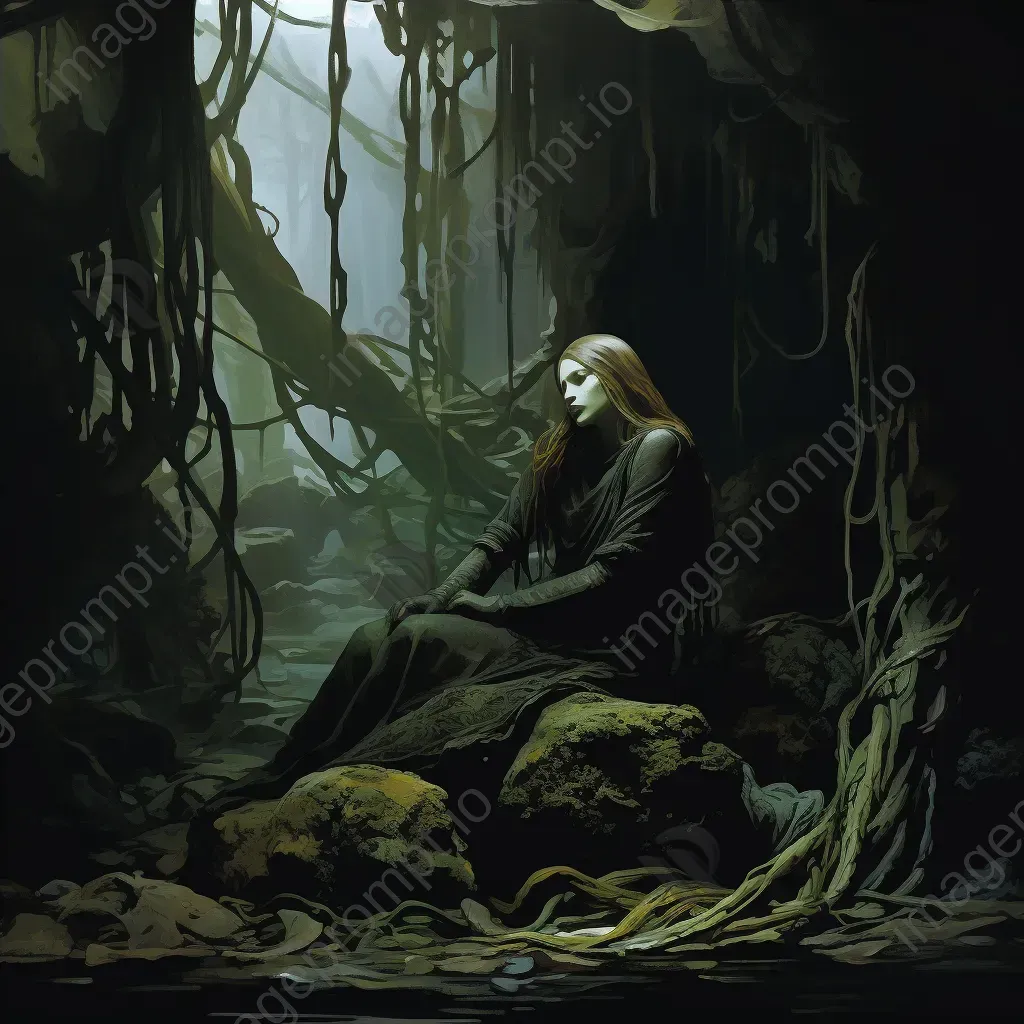 Pensive mermaid on a shipwreck under a kelp canopy with dramatic lighting - Image 4