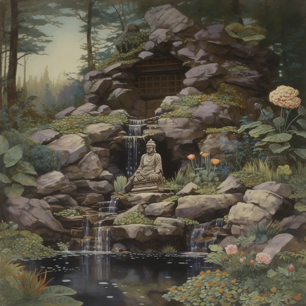 Image of a peaceful rock garden with alpine plants and a stone Buddha statue - Image 1