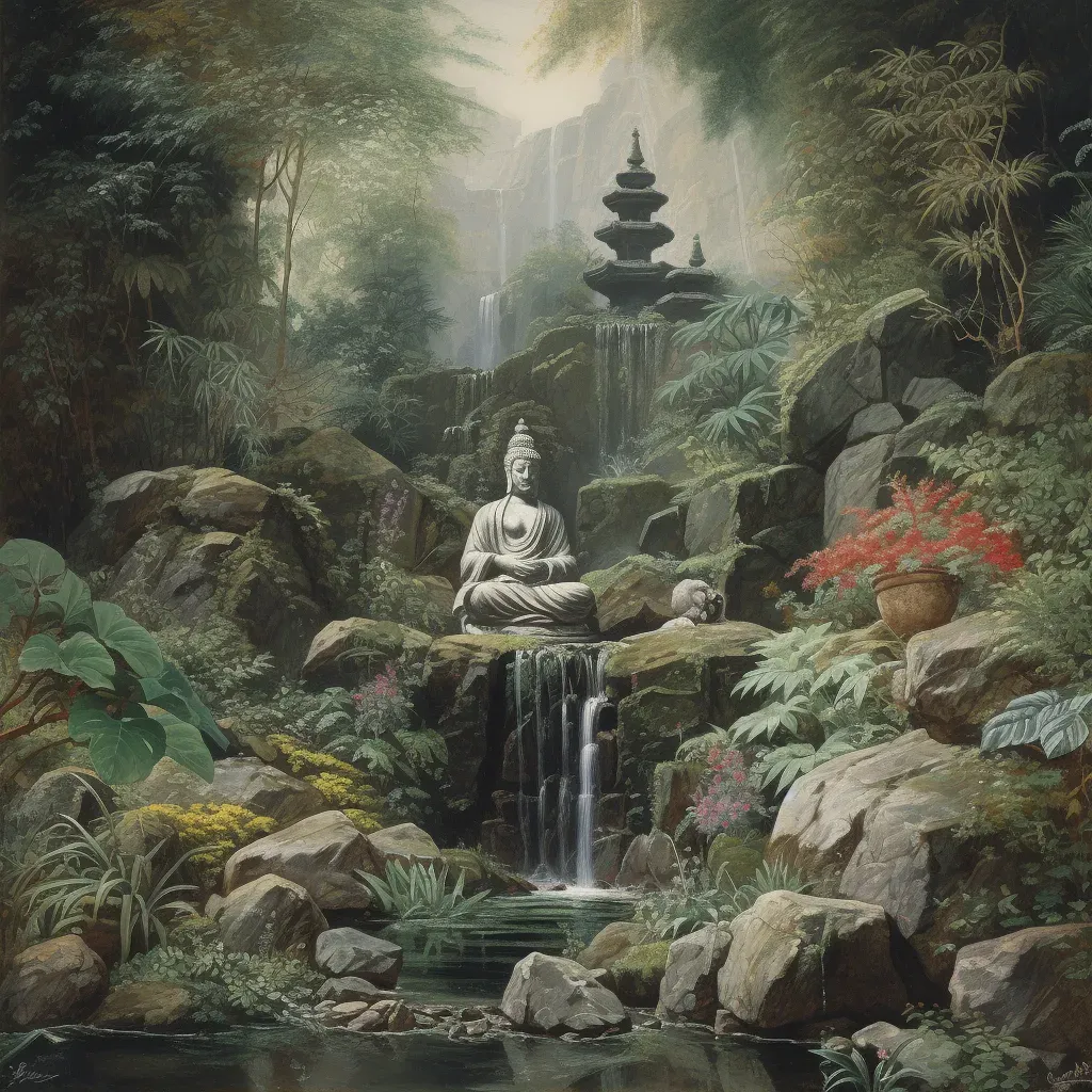 Image of a peaceful rock garden with alpine plants and a stone Buddha statue - Image 2