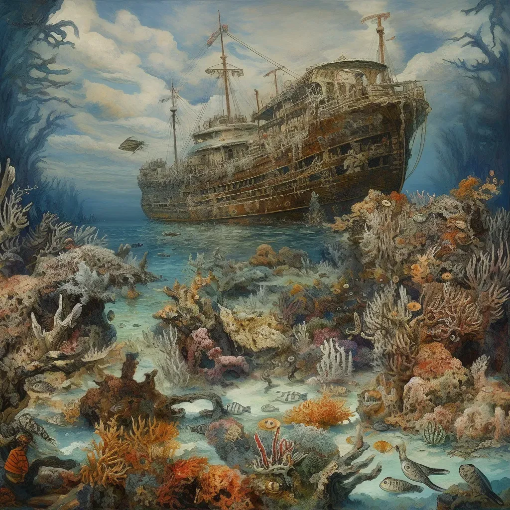 Illustration of a vibrant coral reef with a sunken ship in the background - Image 1