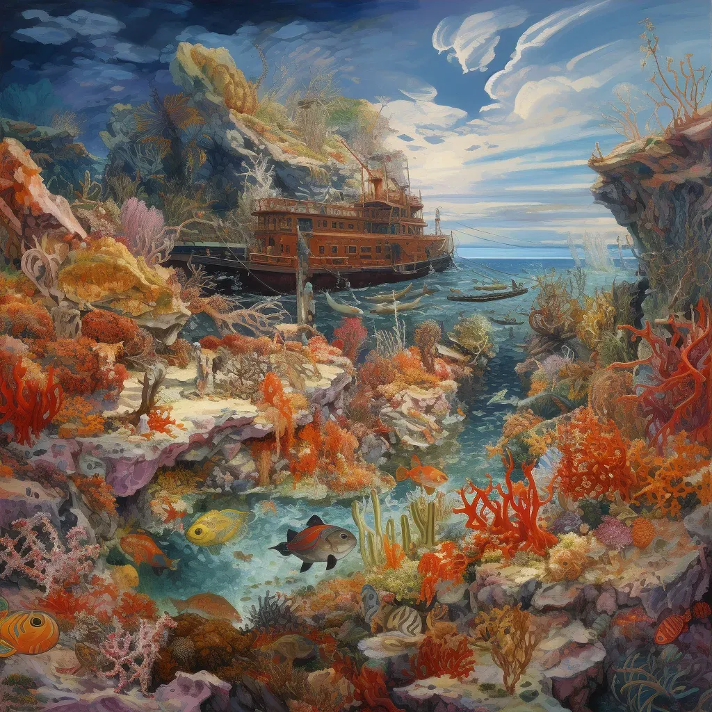 Illustration of a vibrant coral reef with a sunken ship in the background - Image 3