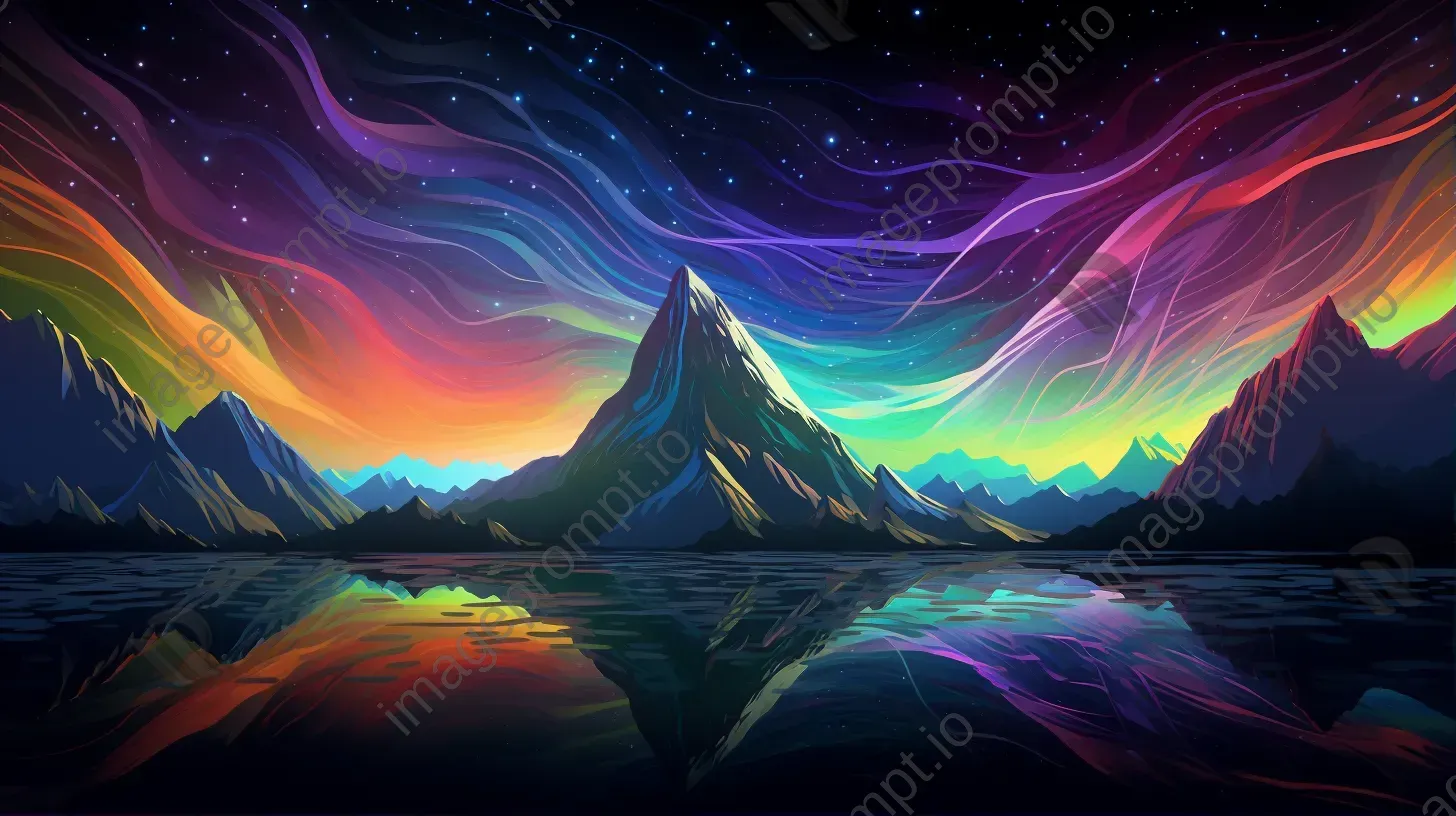 Low poly aurora over alien planet mountains with glitch art-influenced distorted color lines - Image 1