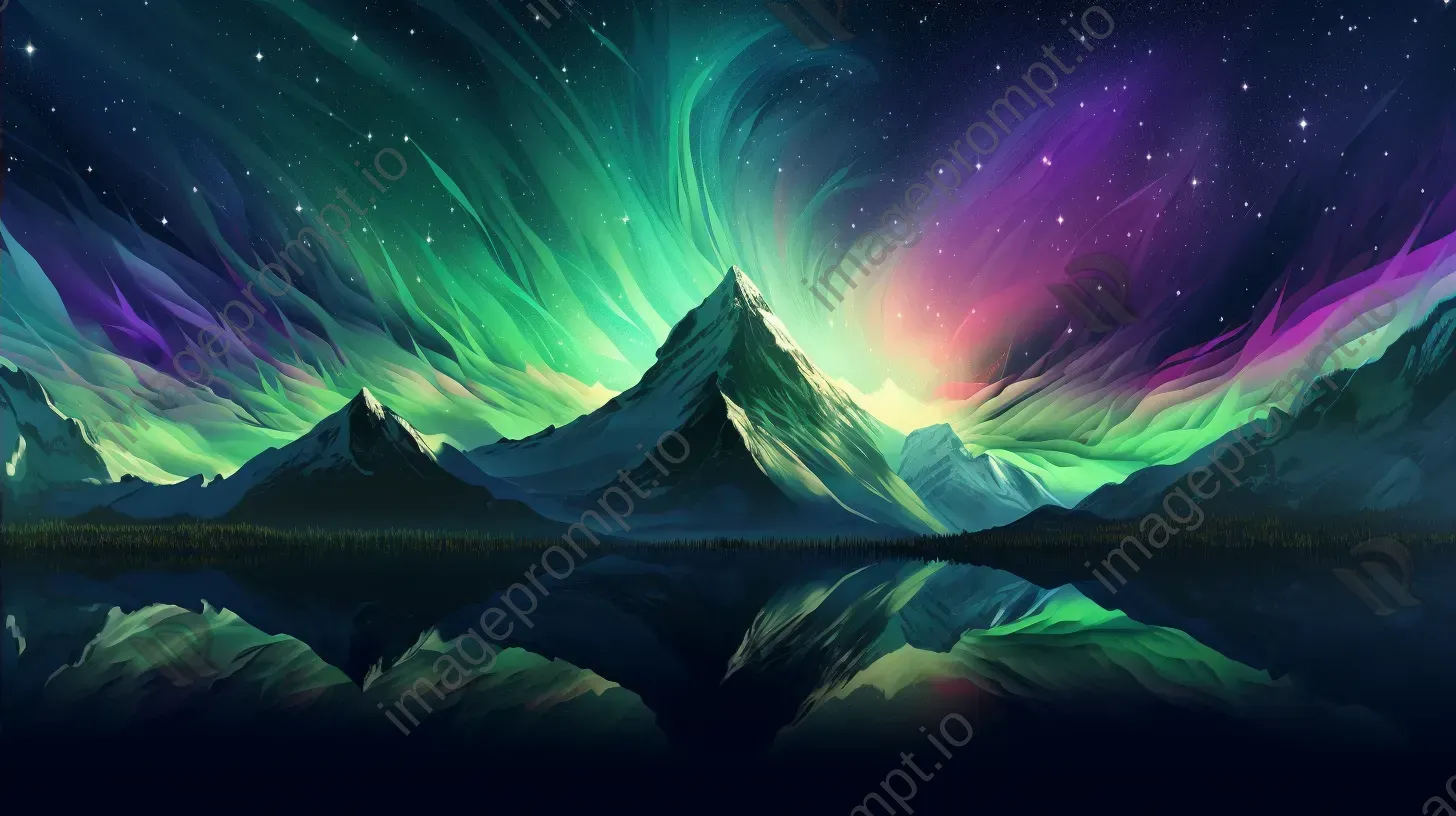 Low poly aurora over alien planet mountains with glitch art-influenced distorted color lines - Image 2