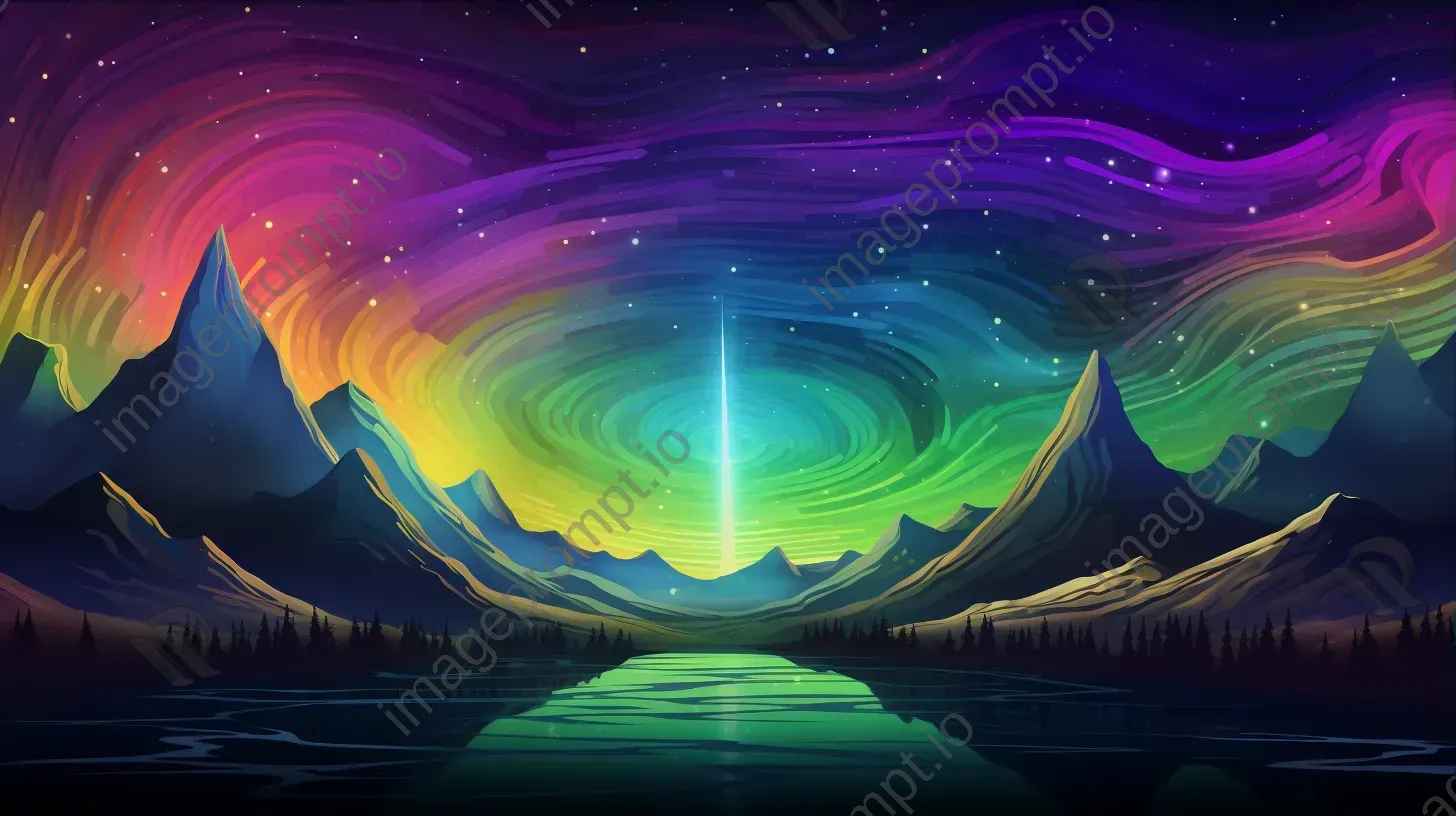 Low poly aurora over alien planet mountains with glitch art-influenced distorted color lines - Image 3