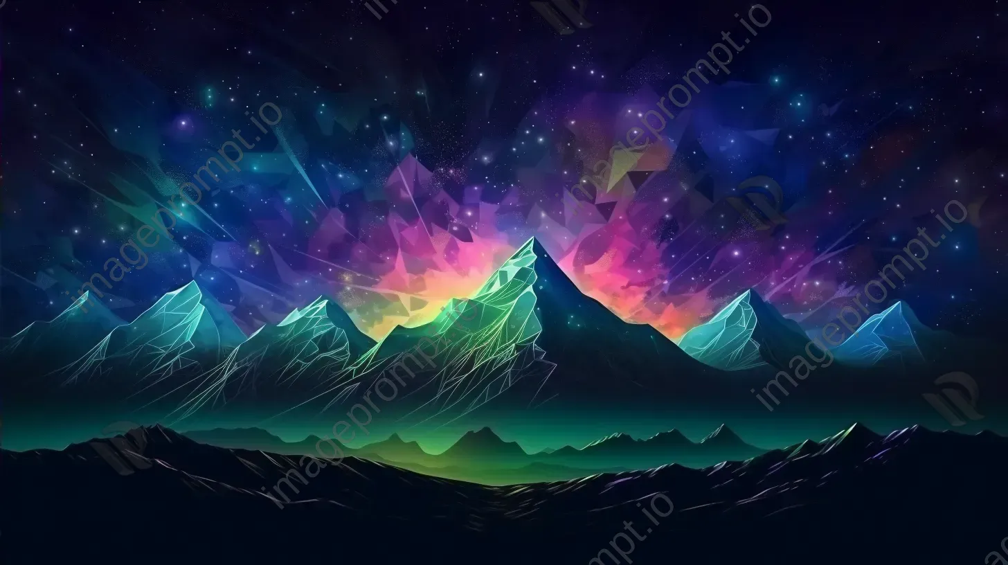 Low poly aurora over alien planet mountains with glitch art-influenced distorted color lines - Image 4