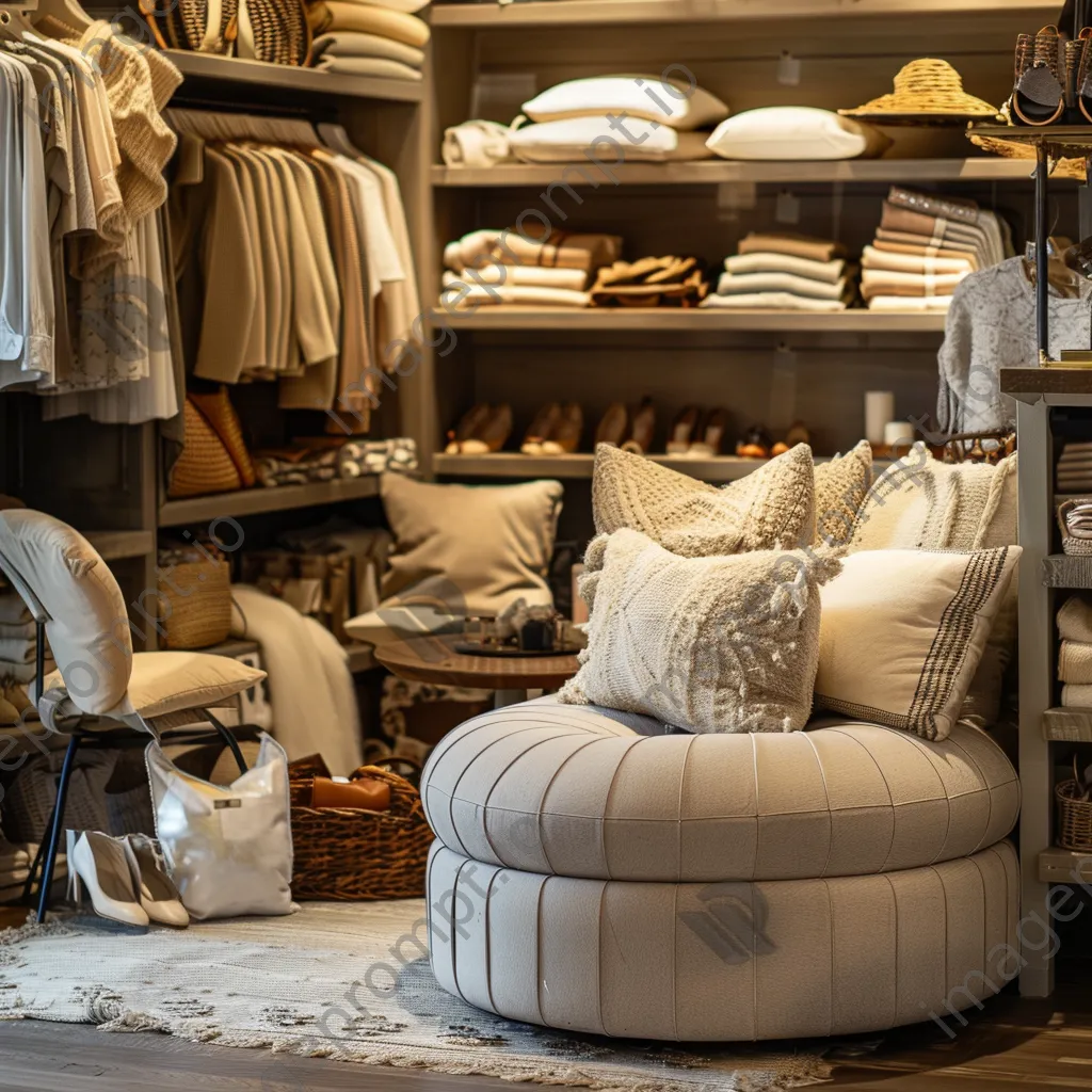 Cozy corner of a clothing store with seating and stylish accessories. - Image 1