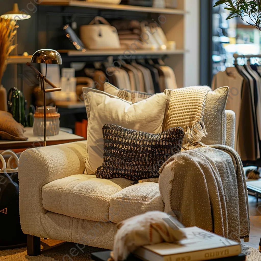 Cozy corner of a clothing store with seating and stylish accessories. - Image 2