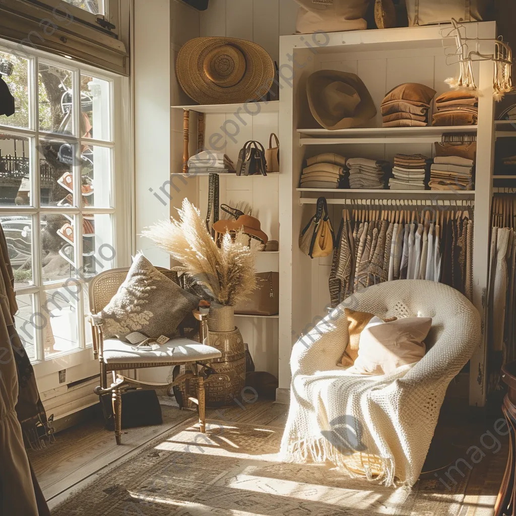 Cozy corner of a clothing store with seating and stylish accessories. - Image 3