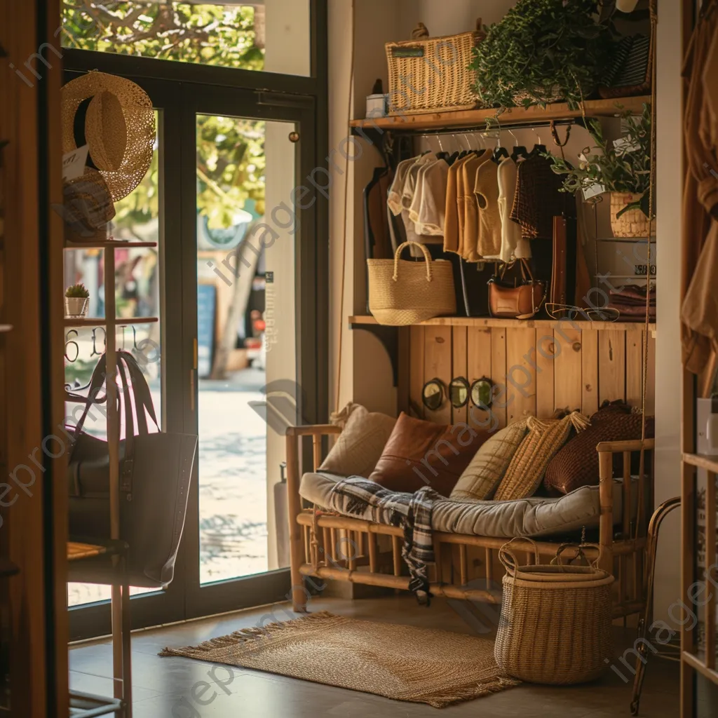 Cozy corner of a clothing store with seating and stylish accessories. - Image 4