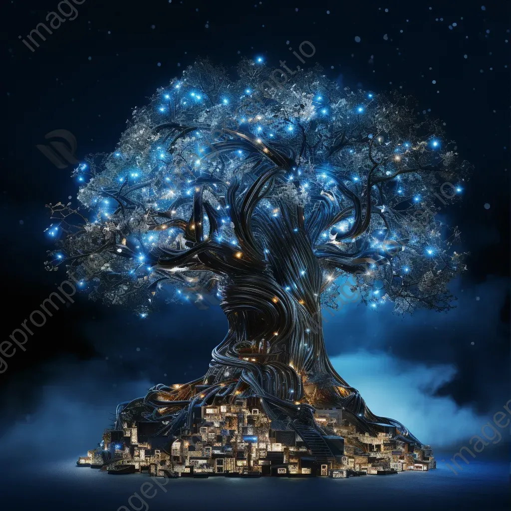 Illuminated tree sculpture made of tech waste under a starry sky, evoking Rodin