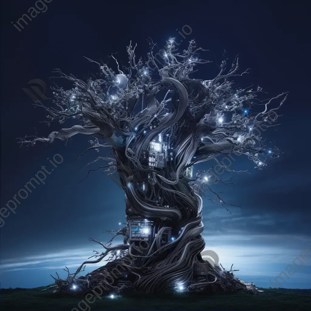 Illuminated tree sculpture made of tech waste under a starry sky, evoking Rodin