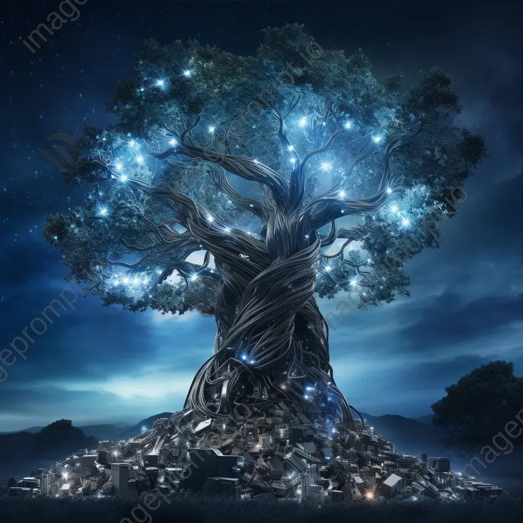 Illuminated tree sculpture made of tech waste under a starry sky, evoking Rodin