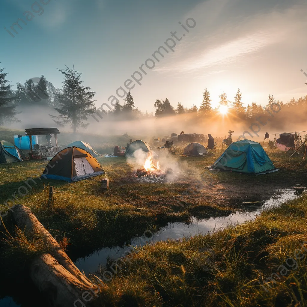 Calm morning at a campsite with a smoking bonfire - Image 1