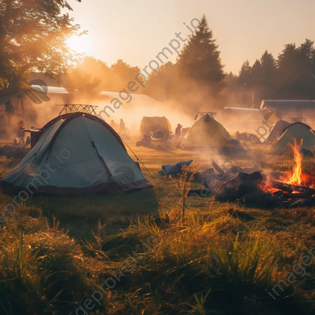 Calm morning at a campsite with a smoking bonfire - Image 2