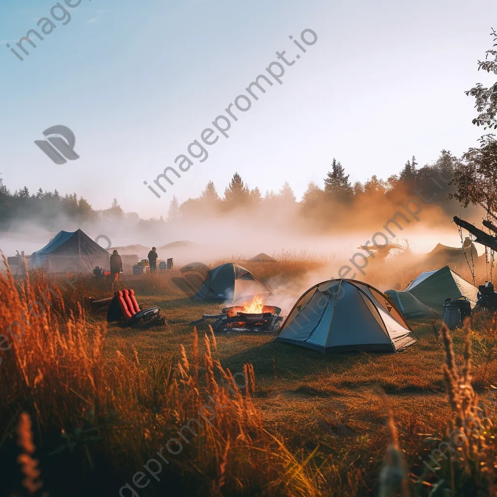 Calm morning at a campsite with a smoking bonfire - Image 3