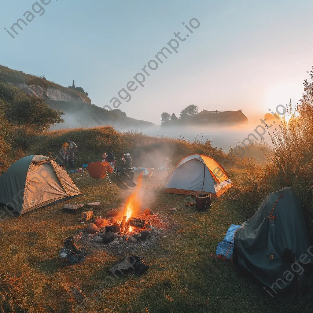 Calm morning at a campsite with a smoking bonfire - Image 4