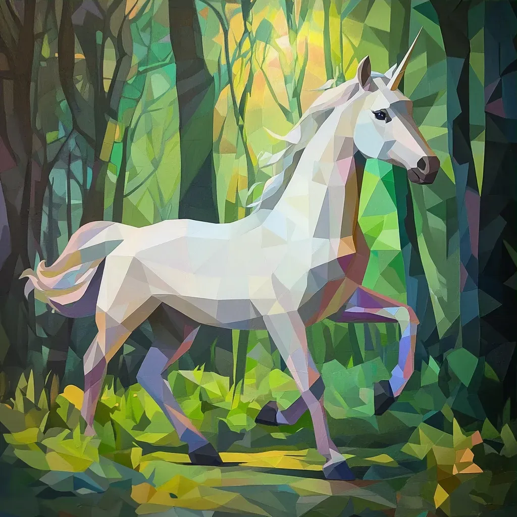 A pastel colored polygonal unicorn happily skipping through an emerald, low poly forest - Image 3