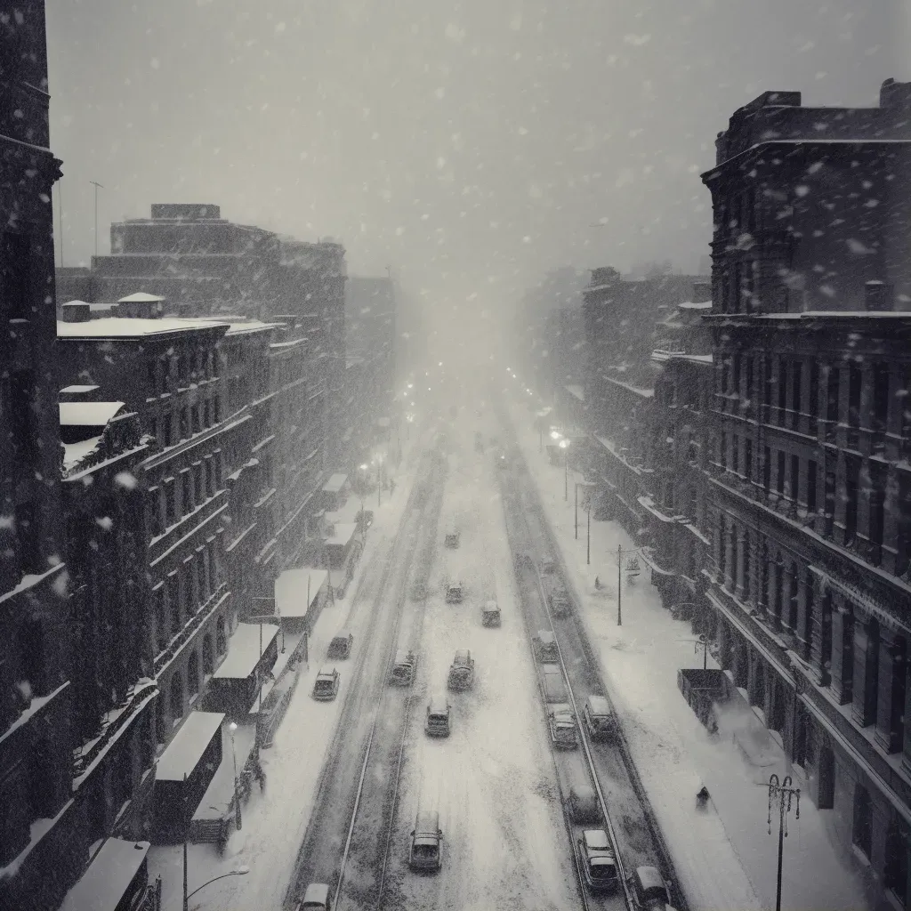 Illustration of a severe snowstorm in a city with heavy snowfall reducing visibility. - Image 1