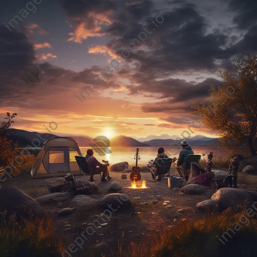 Family playing guitar by bonfire at sunset - Image 1