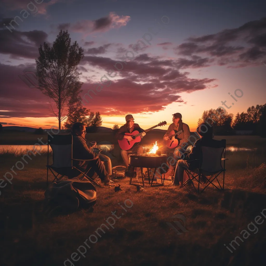 Family playing guitar by bonfire at sunset - Image 3