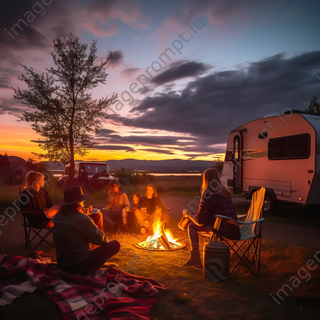 Family playing guitar by bonfire at sunset - Image 4