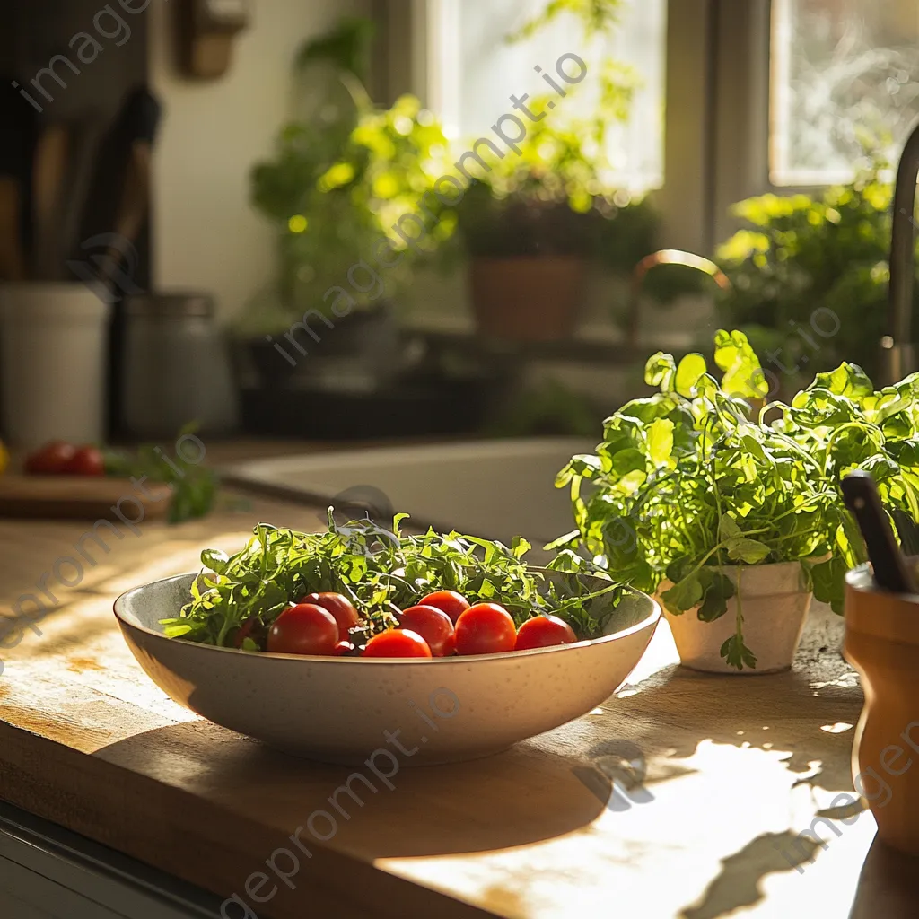 Bowl of freshly harvested organic salad ingredients in a bright rustic kitchen. - Image 1