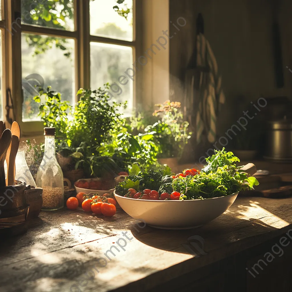 Bowl of freshly harvested organic salad ingredients in a bright rustic kitchen. - Image 2