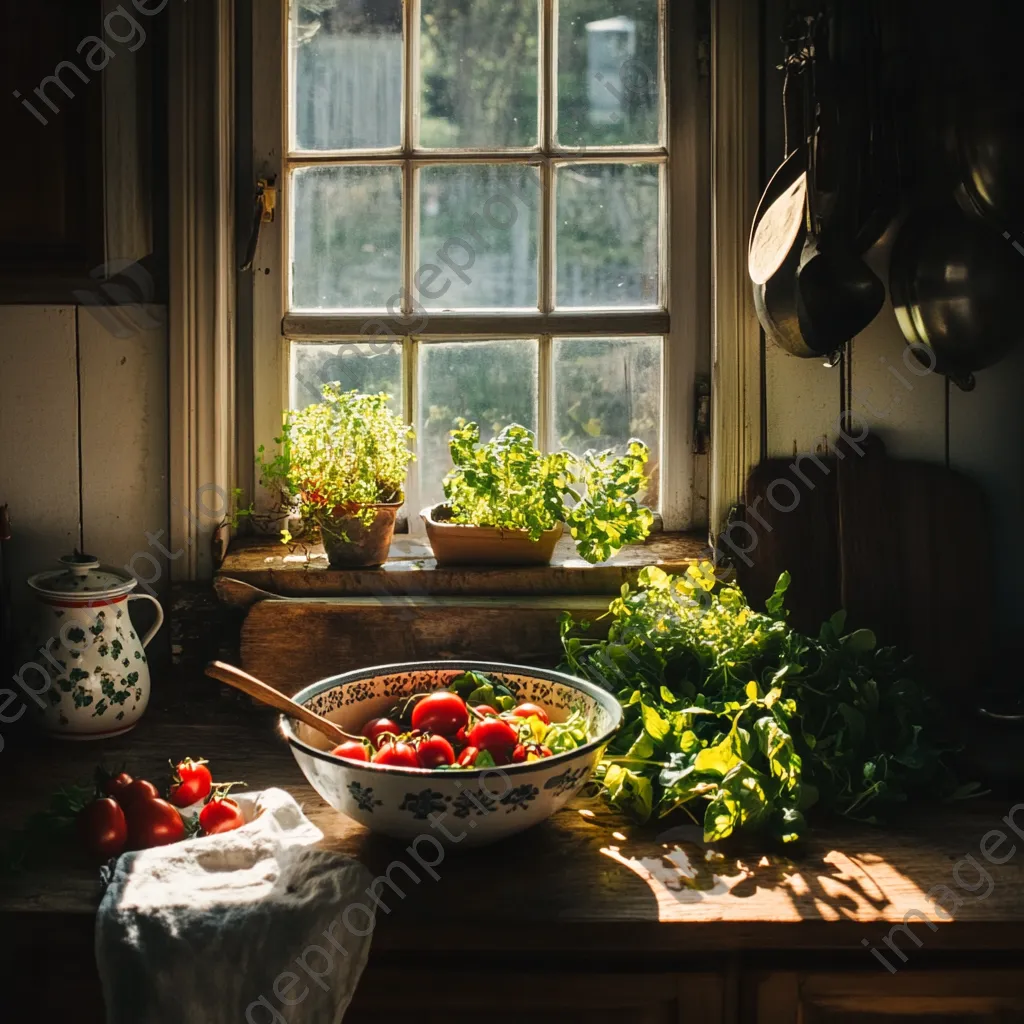 Bowl of freshly harvested organic salad ingredients in a bright rustic kitchen. - Image 4