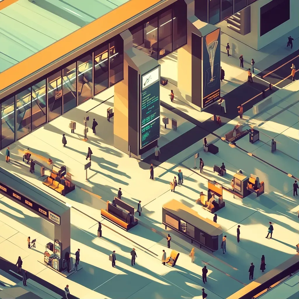 Isometric and low poly view of a bustling airport terminal with passengers in motion - Image 1