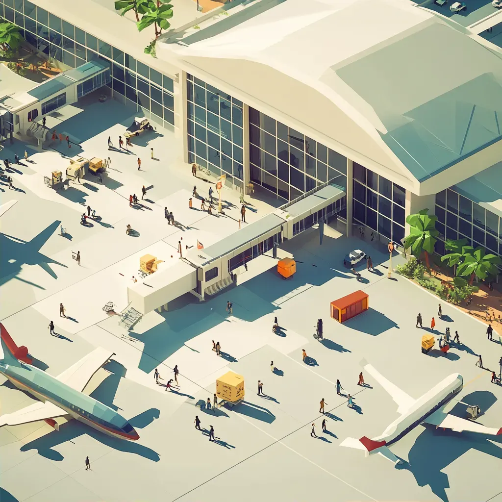 Isometric and low poly view of a bustling airport terminal with passengers in motion - Image 2