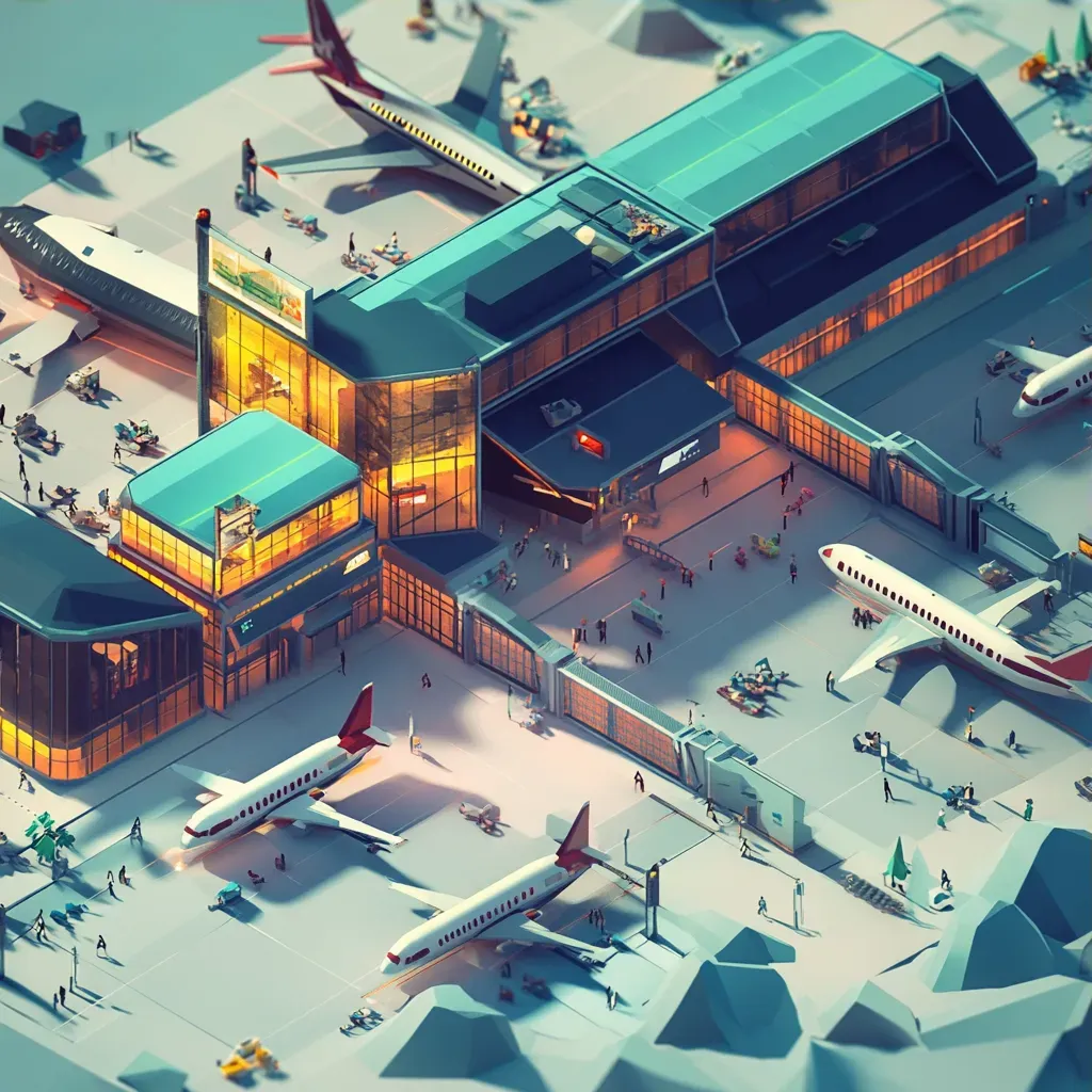 Isometric and low poly view of a bustling airport terminal with passengers in motion - Image 3