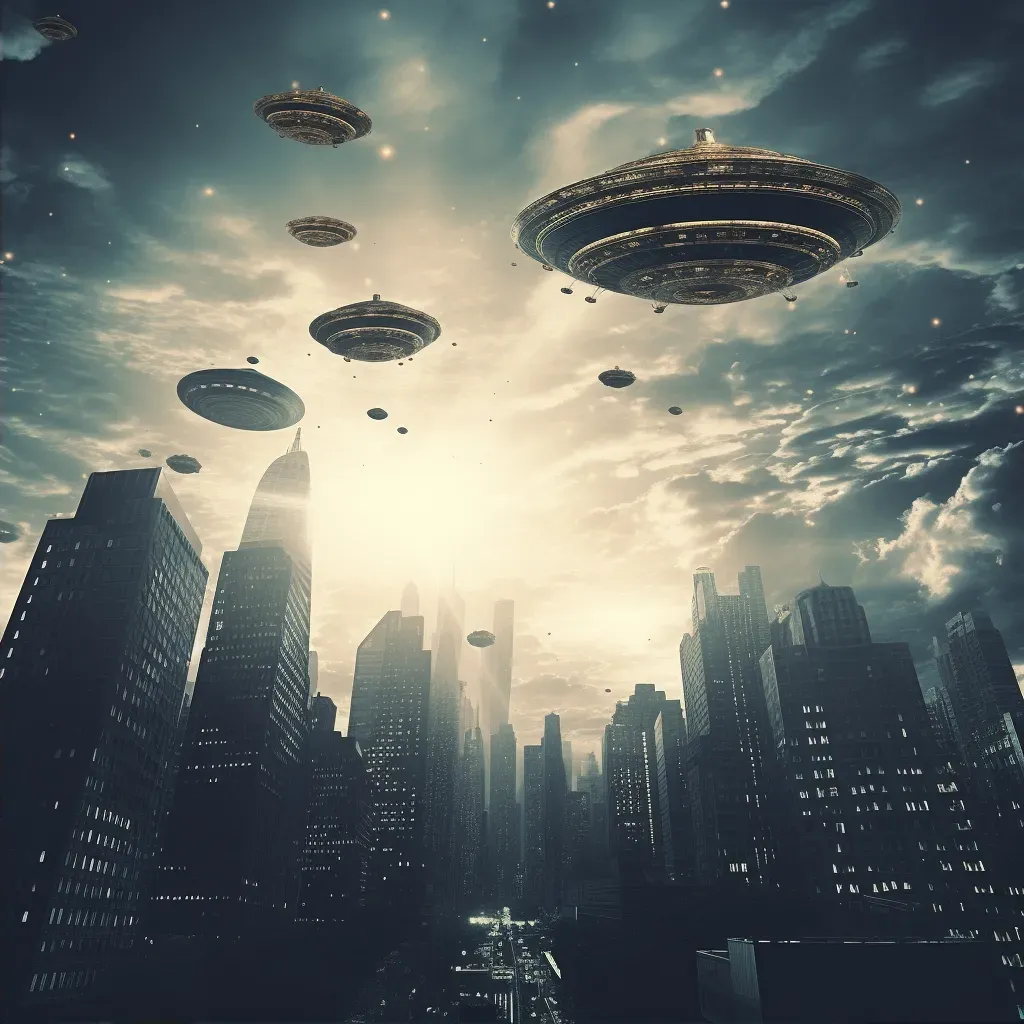 Illustration of an advanced alien civilization with floating skyscrapers under a sky filled with hovering spacecraft - Image 2