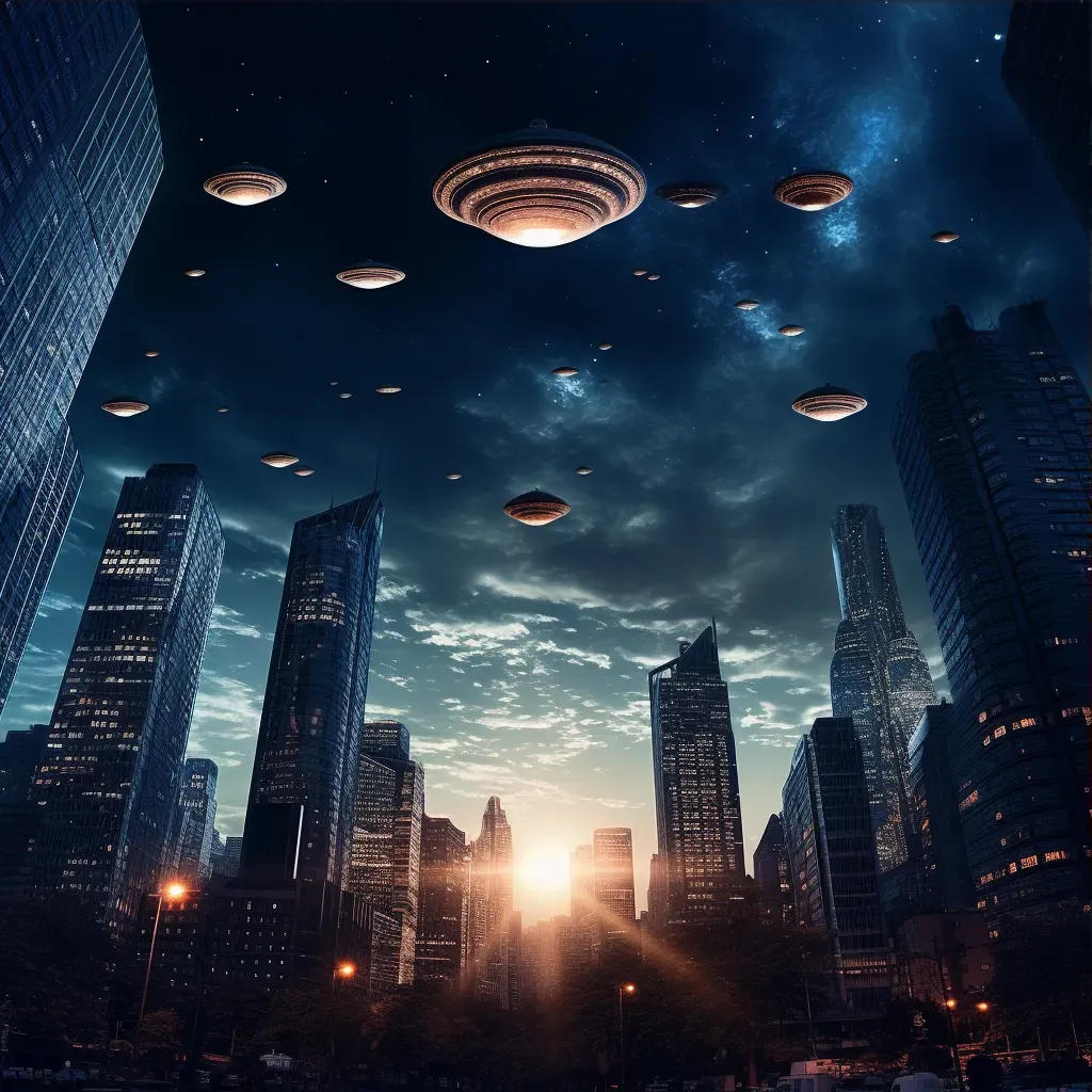 Illustration of an advanced alien civilization with floating skyscrapers under a sky filled with hovering spacecraft - Image 3