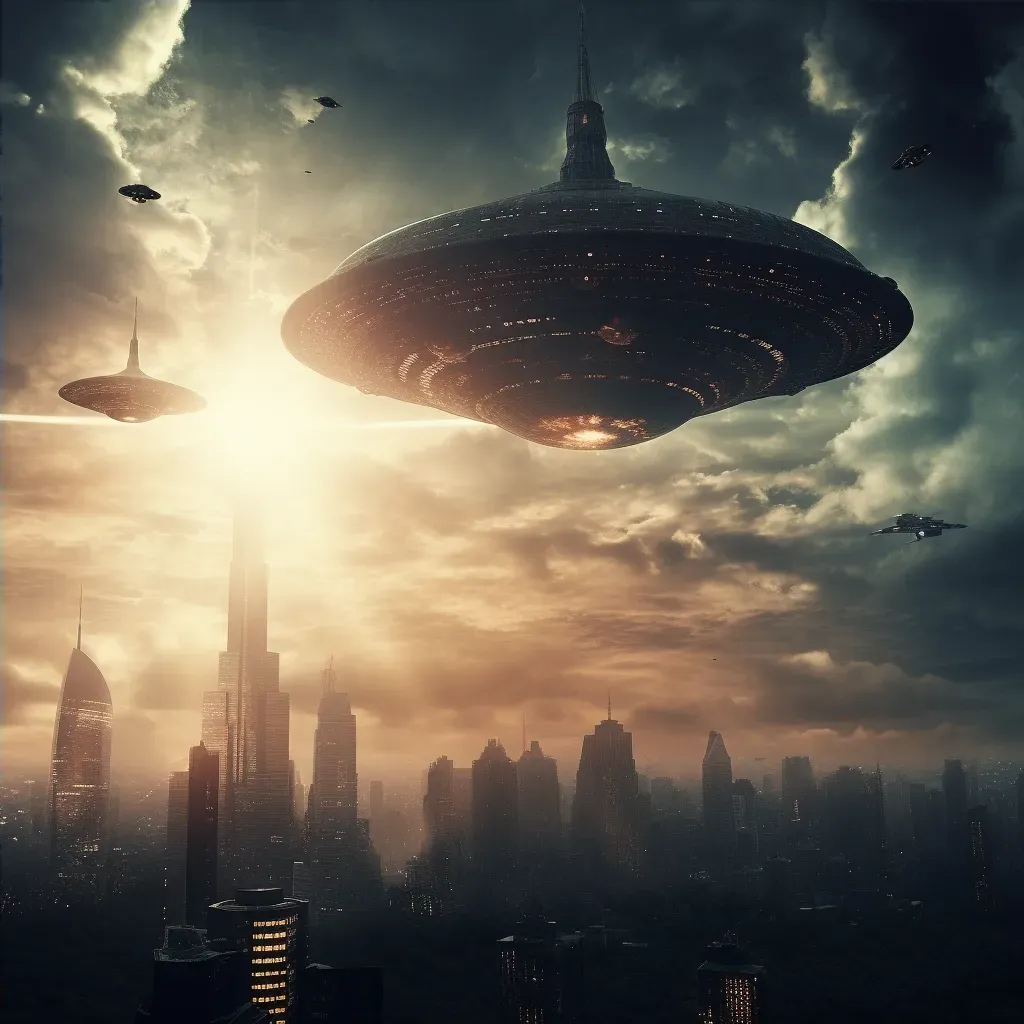 Illustration of an advanced alien civilization with floating skyscrapers under a sky filled with hovering spacecraft - Image 4