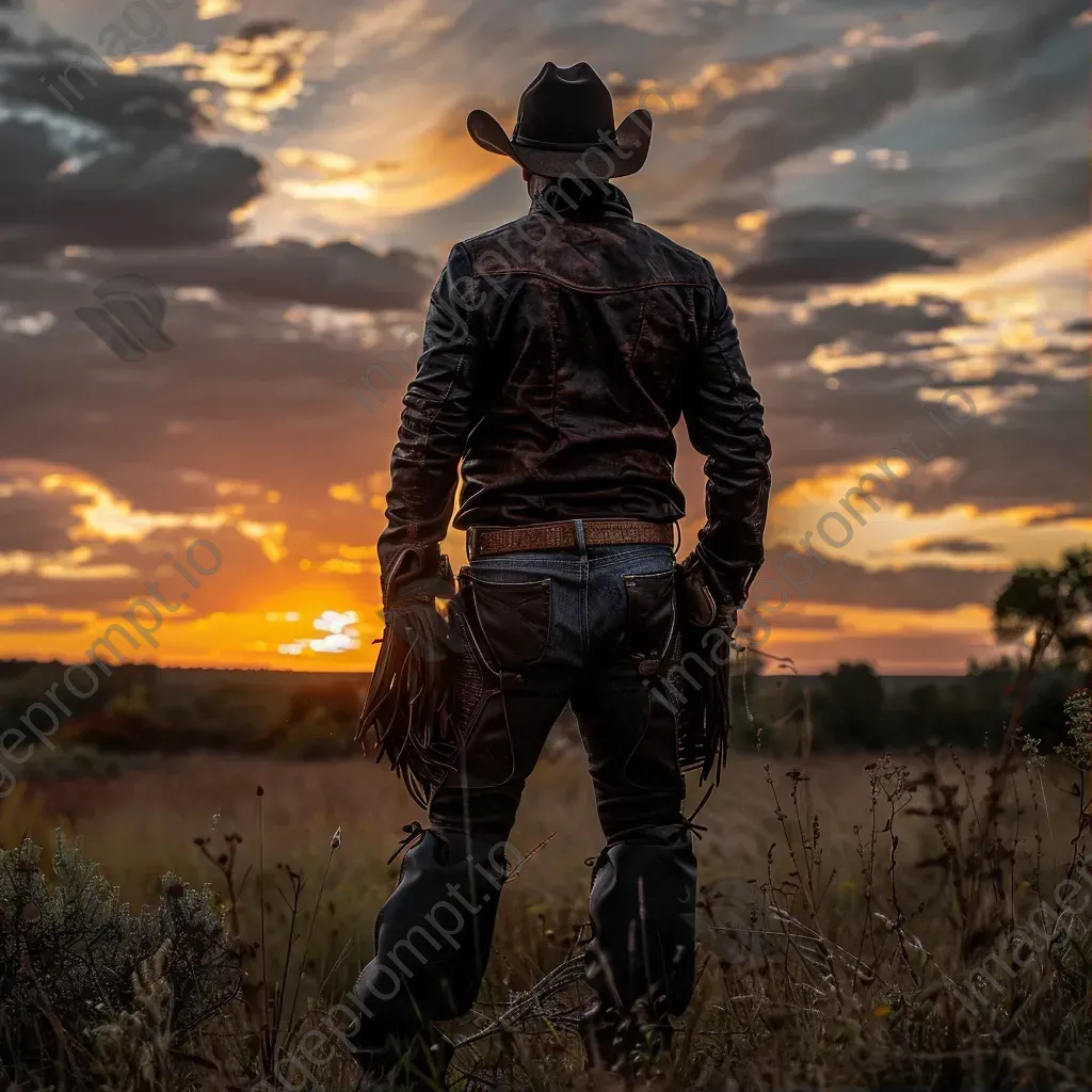 Portrait of a vintage cowboy in leather chaps and hat looking at sunset on farm - Image 1