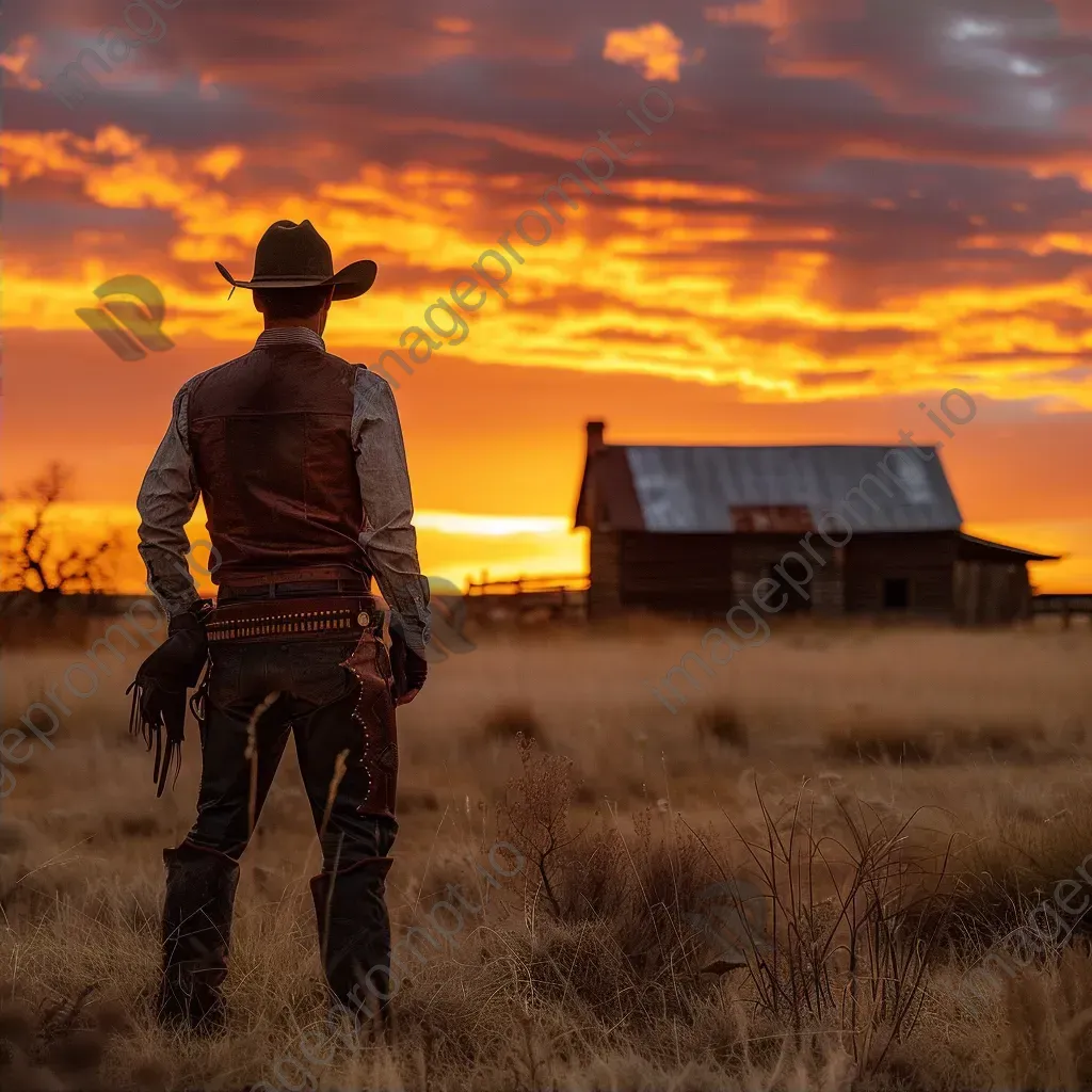 Portrait of a vintage cowboy in leather chaps and hat looking at sunset on farm - Image 2