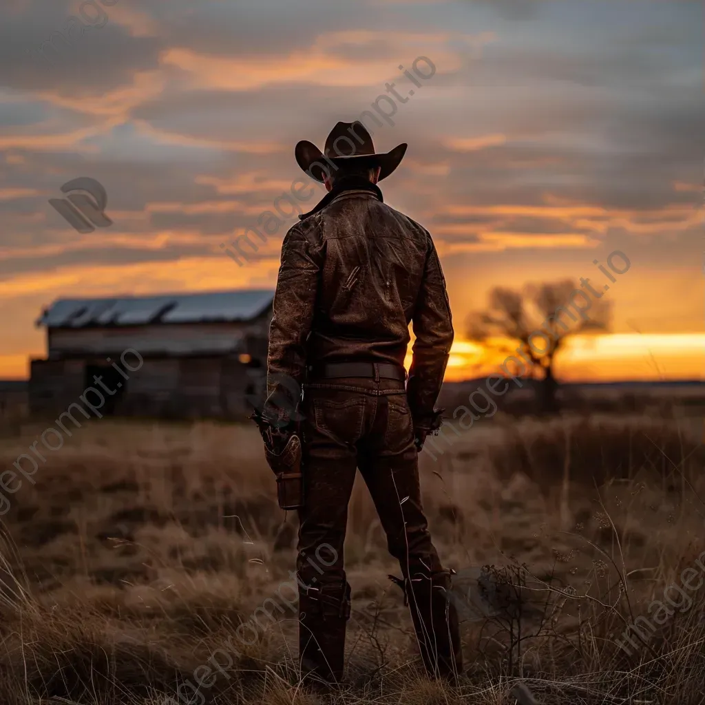 Portrait of a vintage cowboy in leather chaps and hat looking at sunset on farm - Image 3