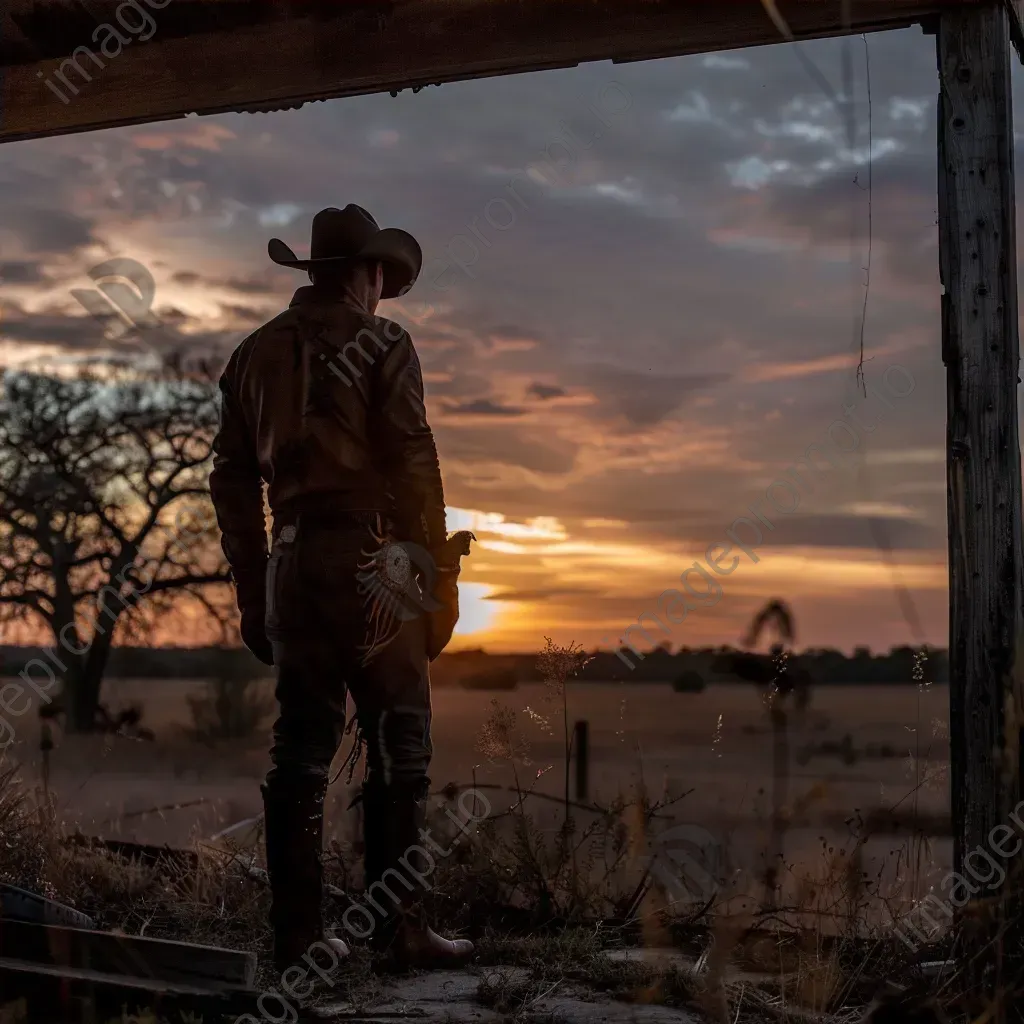 Portrait of a vintage cowboy in leather chaps and hat looking at sunset on farm - Image 4