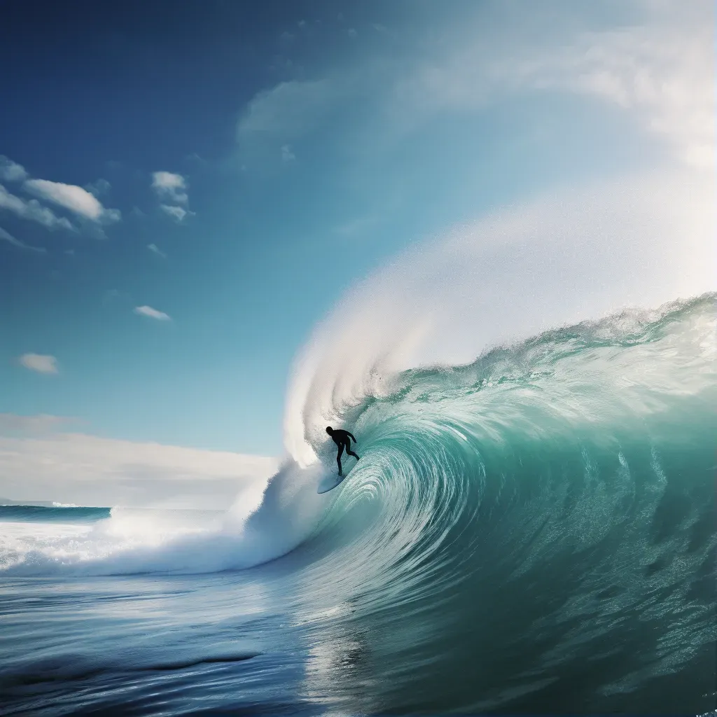 Surfer riding a huge wave with water splashing behind - Image 1