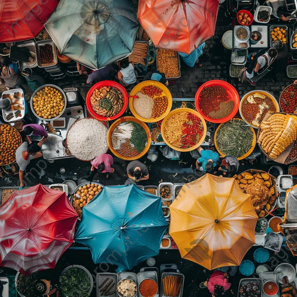 Overhead view of a bustling food market with diverse street food offerings. - Image 2