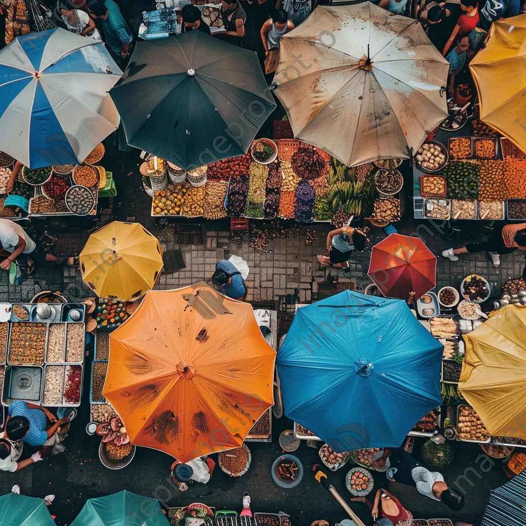 Overhead view of a bustling food market with diverse street food offerings. - Image 3