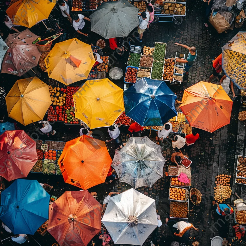 Overhead view of a bustling food market with diverse street food offerings. - Image 4