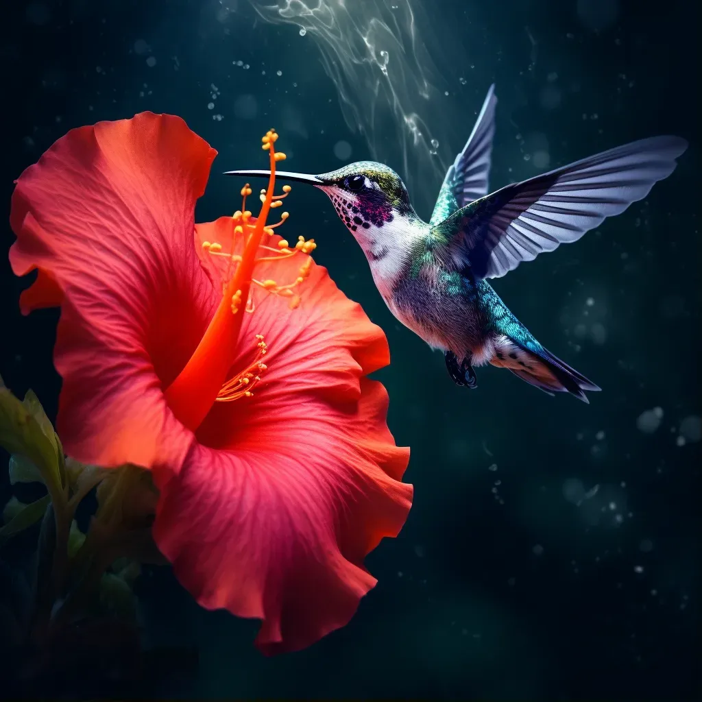 Hummingbird feeding on nectar from a vibrant hibiscus flower - Image 1