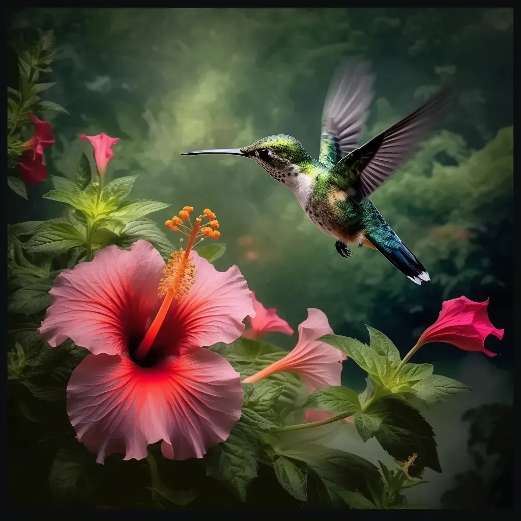 Hummingbird feeding on nectar from a vibrant hibiscus flower - Image 2