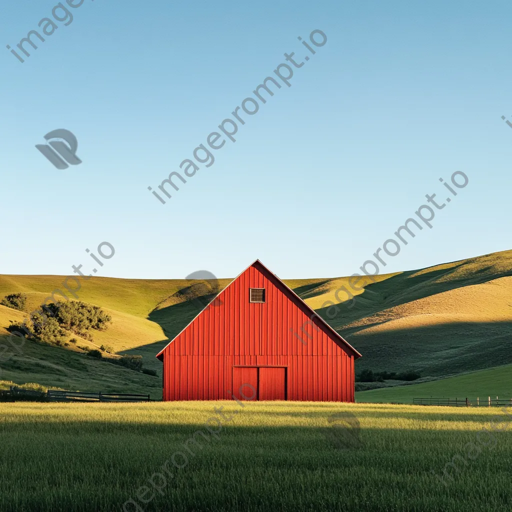 Tall red barn against rolling green hills - Image 1